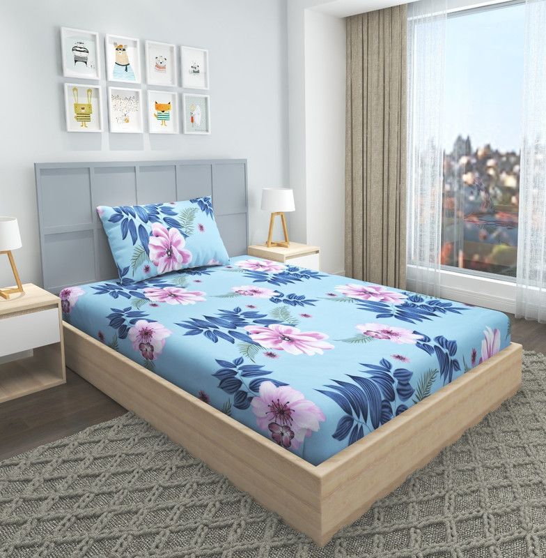 Everlush 280 TC Cotton Single Floral Fitted (Elastic) Bedsheet  (Pack of 1, Aqua)