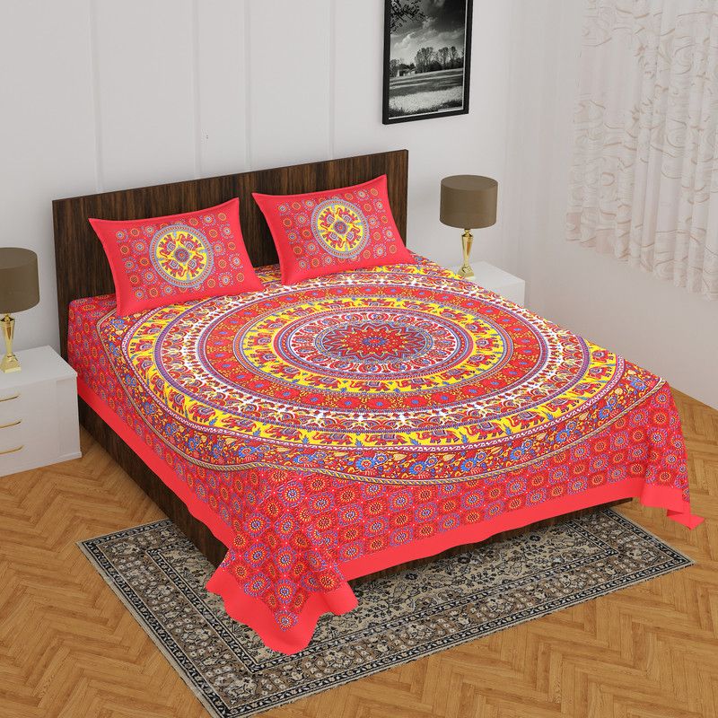 E ELMA 151 TC Cotton Double Jaipuri Prints Flat Bedsheet  (Pack of 1, Red)