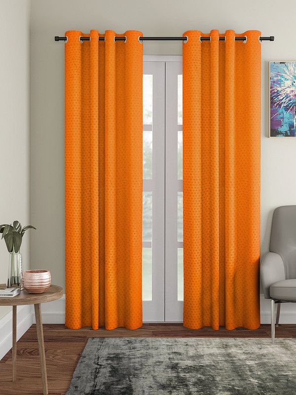 Cortina 270 cm (9 ft) Polyester Room Darkening Long Door Curtain (Pack Of 2)  (Self Design, Orange)