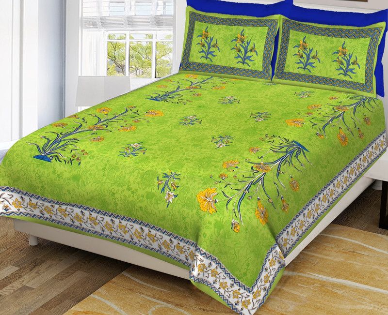 MSKS 144 TC Cotton Double Floral Flat Bedsheet  (Pack of 1, Green)