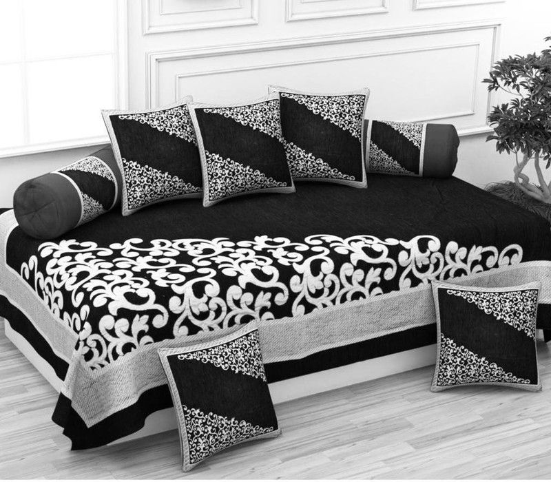 THH Chenille Floral Diwan Set  (Black)