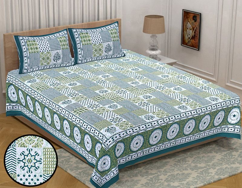 eleganzze 120 TC Cotton King Floral Flat Bedsheet  (Pack of 1, Green)