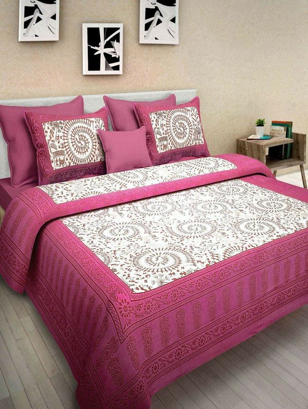 144 TC Cotton Double Jaipuri Prints Bedsheet  (Pack of 1, PINK AND WHITH)