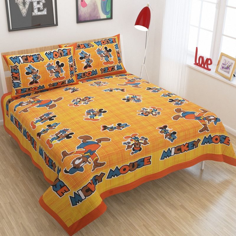 NC CREATIONS 140 TC Polycotton Double Printed Fitted & Flat Bedsheet  (Pack of 1, Yellow)