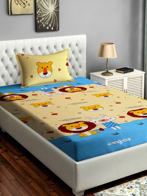 AkiN 180 TC Microfiber Single Animal Flat Bedsheet  (Pack of 1, Yellow, Blue)