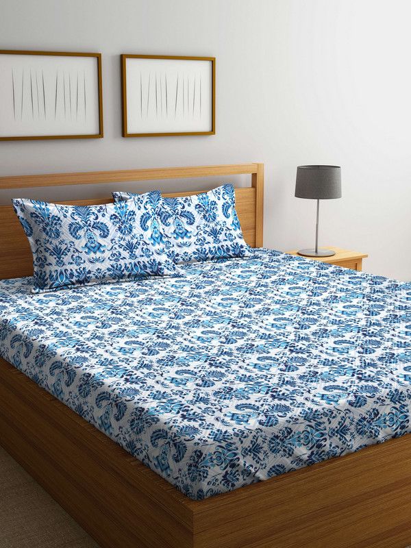 Bombay Dyeing 104 TC Cotton Double Floral Fitted (Elastic) Bedsheet  (Pack of 1, Blue)