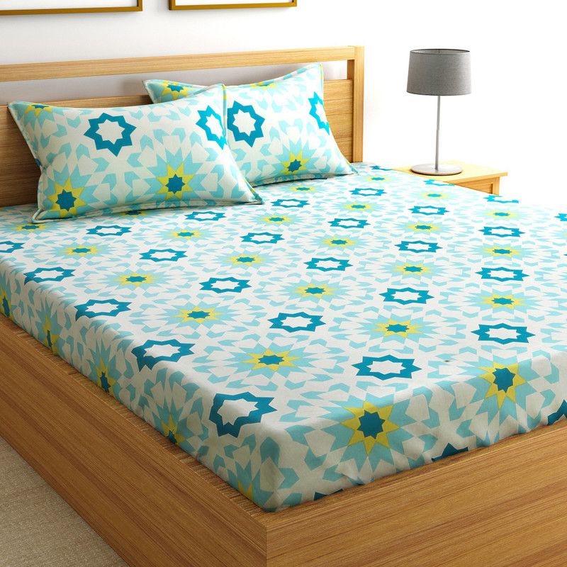 Flipkart SmartBuy 104 TC Cotton Double Geometric Flat Bedsheet  (Pack of 1, Blue)