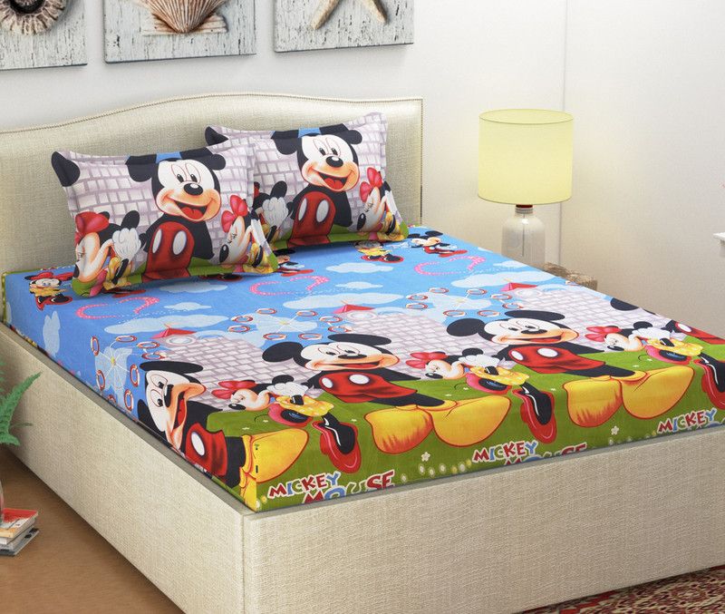Shubh 104 TC Microfiber Double Cartoon Flat Bedsheet  (Pack of 1, Blue)