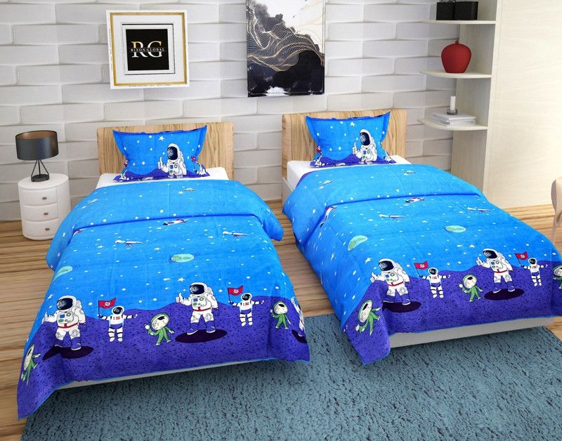 DEKORIFY 200 TC Cotton Single Cartoon Flat Bedsheet  (Pack of 2, Dark Blue)