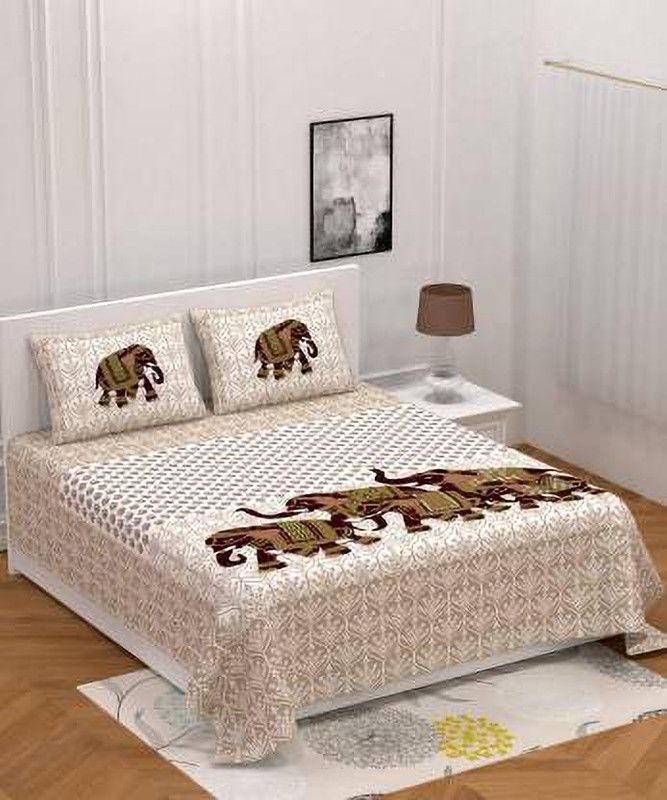 Abhi Impex 150 TC Cotton Double, Queen Animal Flat Bedsheet  (Pack of 1, Cream, Multicolor)