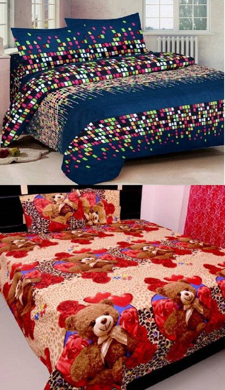 Panipat Textile Hub 140 TC Cotton Double 3D Printed Flat Bedsheet  (Pack of 2, Multicolor1)