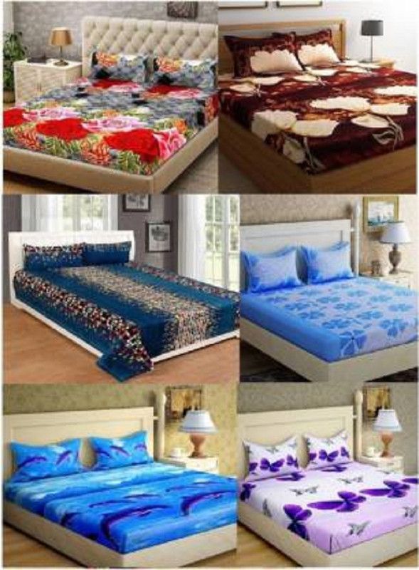 Twinkle Star's 170 TC Polycotton Double 3D Printed Flat Bedsheet  (Pack of 6, Multicolor)