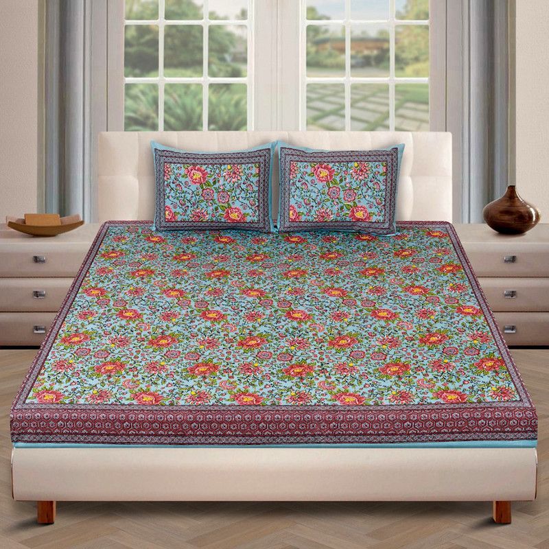 ROMEE 180 TC Cotton King Floral Flat Bedsheet  (Pack of 1, Teal Green & Rust)