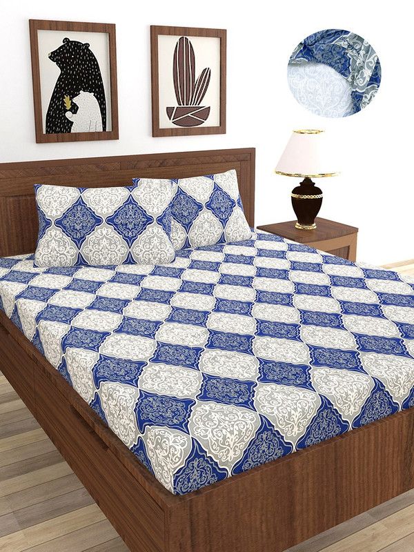 MORADO 210 TC Polycotton Double Checkered Fitted (Elastic) Bedsheet  (Pack of 1, Blue & White)