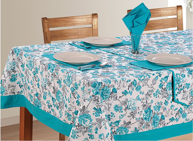 SWAYAM Floral 4 Seater Table Cover  (Blue, Grey, White, Cotton)