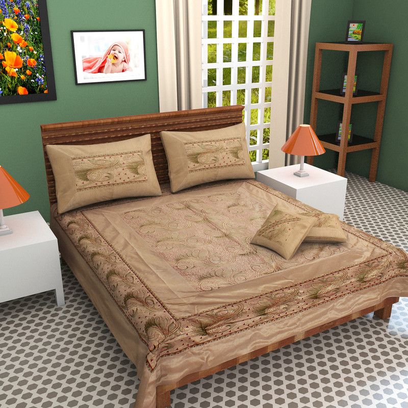 Radhika 180 TC Silk Double Printed Flat Bedsheet  (Pack of 1, Beige)
