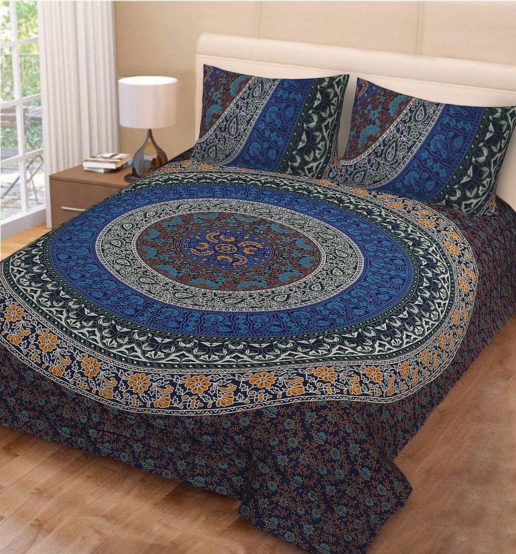 Genade 104 TC Cotton Double Jaipuri Prints Flat Bedsheet  (Pack of 1, Blue)