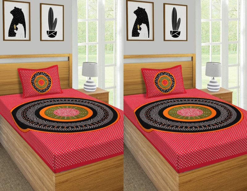 180 TC Cotton Single Bedsheet  (Pack of 2, Red)