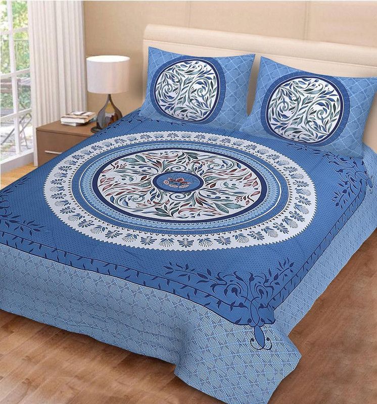 PINKCITYFABRICS 200 TC Cotton Double Printed Flat Bedsheet  (Pack of 3, Blue)