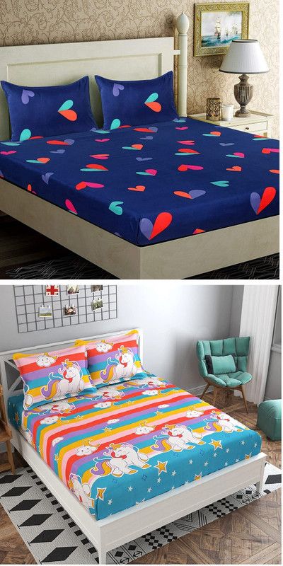 VHD 210 TC Cotton Double Printed Flat Bedsheet  (Pack of 2, Multicolor)