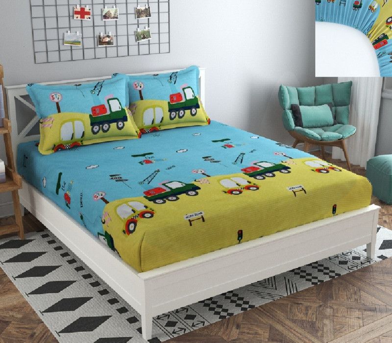 Dahlia 200 TC Polycotton Double Printed Fitted (Elastic) Bedsheet  (Pack of 1, Multicolor)