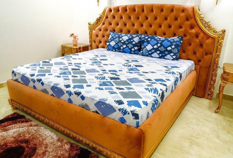 HOMZZ 144 TC Cotton Double Printed Flat Bedsheet  (Pack of 1, White, Blue)