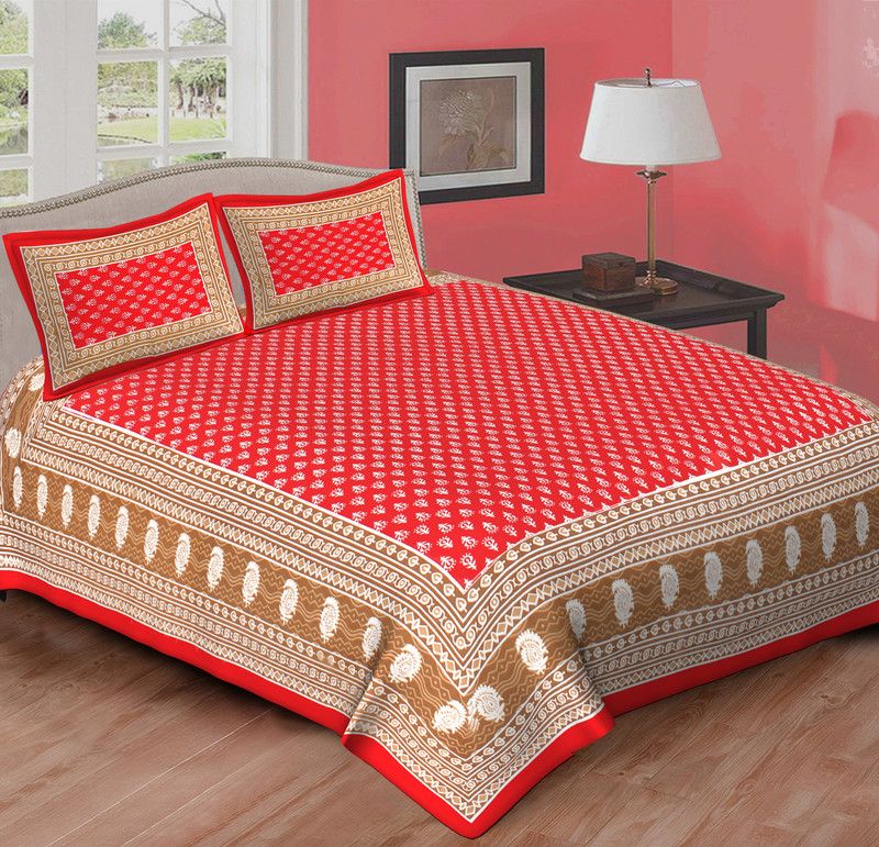 JAIPURI 144 TC Cotton Double Jaipuri Prints Flat Bedsheet  (Pack of 1, Red)