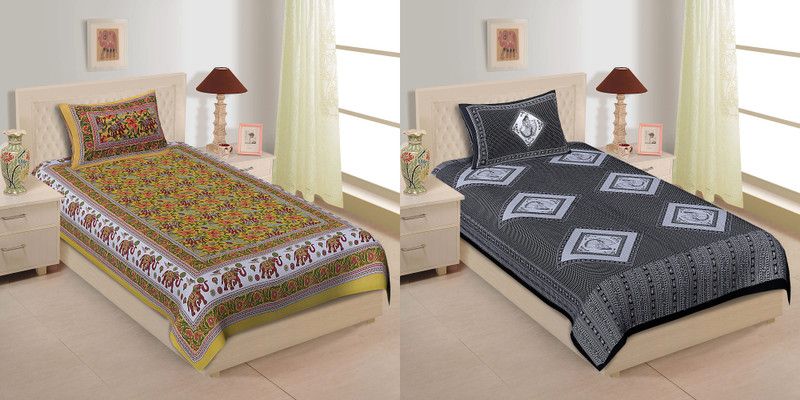 TANIKA 140 TC Cotton Single Printed Flat Bedsheet  (Pack of 2, Yellow, Black)