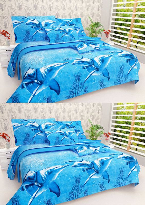 FFInternational 144 TC Polycotton Double 3D Printed Fitted & Flat Bedsheet  (Pack of 2, Multicolor)