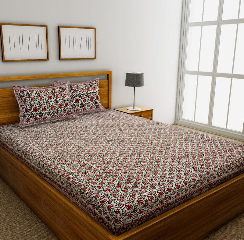 Grah Sajja 200 TC Cotton King Floral Flat Bedsheet  (Pack of 1, Red)