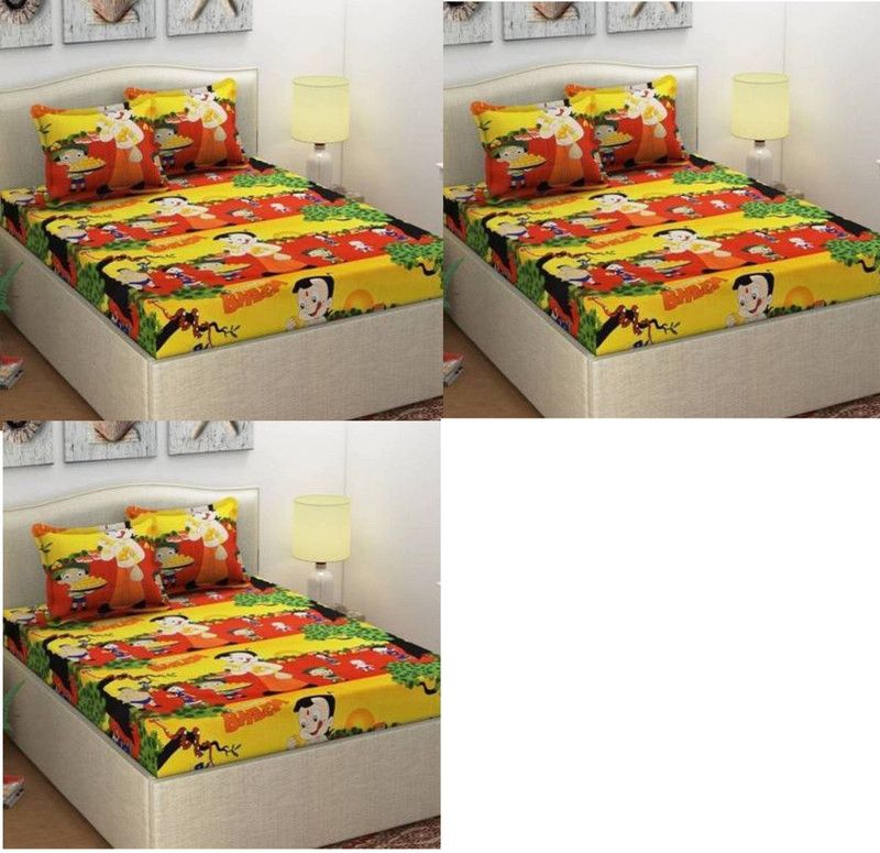 EVRGREEN HOME DECORS 150 TC Polyester Double Printed Flat Bedsheet  (Pack of 3, Yellow)