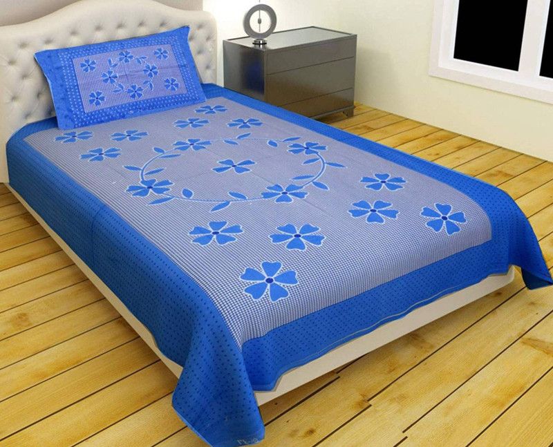 SHAPHIO 104 TC Cotton Single Printed Flat Bedsheet  (Pack of 1, Blue, White)