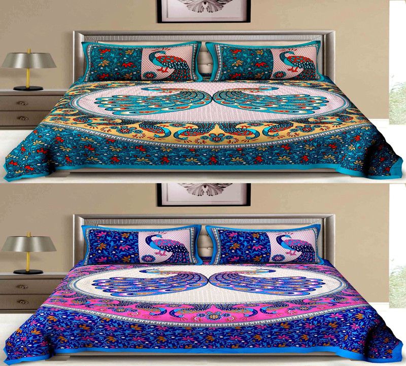 KRISMARTELITE 140 TC Cotton Double Floral Flat Bedsheet  (Pack of 2, Multicolor)