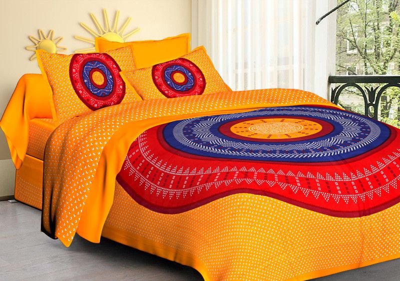 double cotton bed sheet 144 TC Cotton Double Jaipuri Prints Flat Bedsheet  (Pack of 1, Orange)