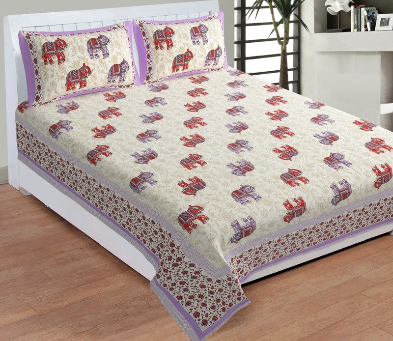 HOV 180 TC Cotton Double Printed Flat Bedsheet  (Pack of 1, Beige, Red)