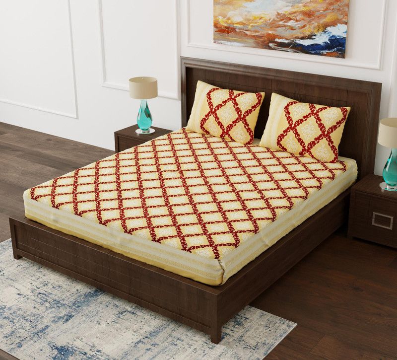 Touch Of Rajasthan 120 TC Cotton Queen Printed Flat Bedsheet  (Pack of 1, Beige)