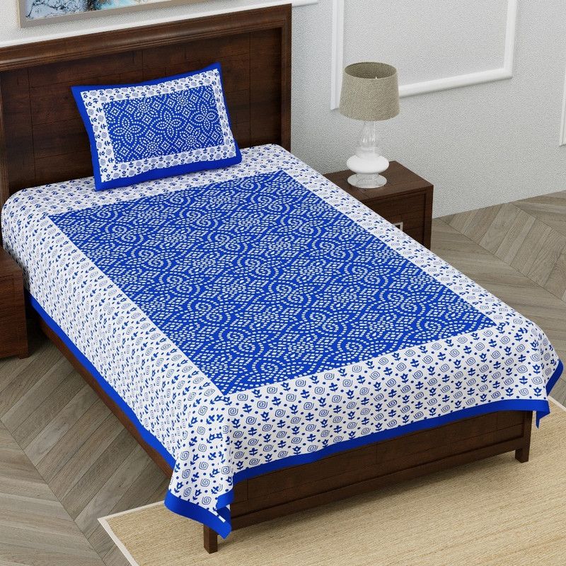 LITTLE INDIA 144 TC Cotton Single Printed Flat Bedsheet  (Pack of 1, Blue)