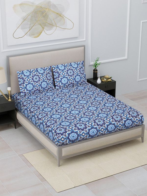 Home Fresh 120 TC Cotton Double Floral Flat Bedsheet  (Pack of 1, Blue)