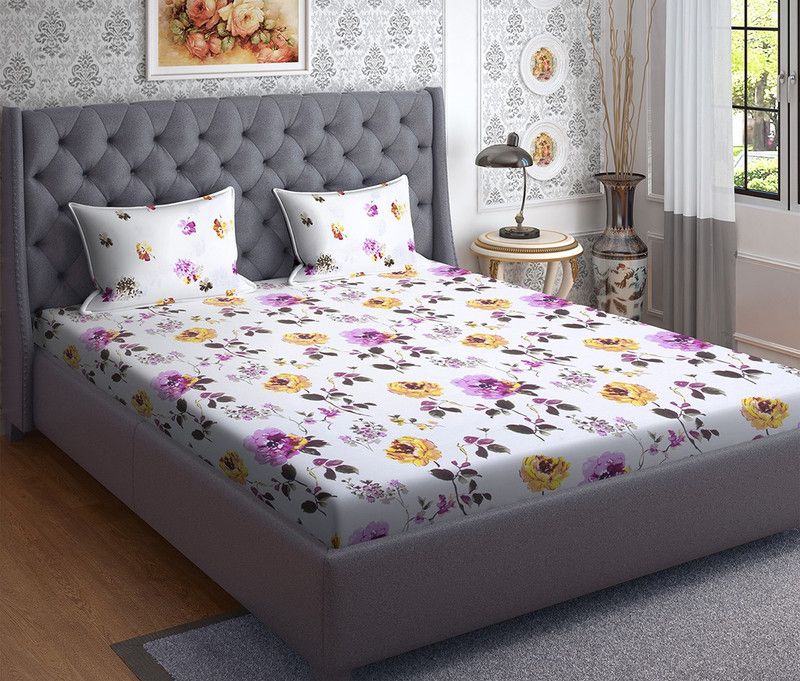 CORE Designed by SPACES 144 TC Cotton Queen Floral Flat Bedsheet  (Pack of 1, Yellow)