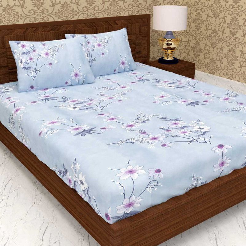 Everlush 280 TC Cotton Double Floral Fitted (Elastic) Bedsheet  (Pack of 1, Blue)