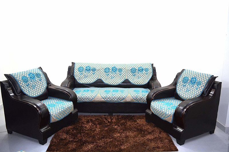 KINGLY Chenille Checkered Sofa Cover  (Blue Pack of 6)