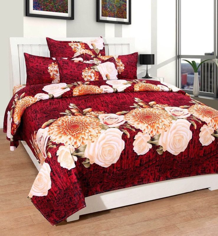 STUDD 144 TC Polycotton Double Floral Flat Bedsheet  (Pack of 1, Maroon)