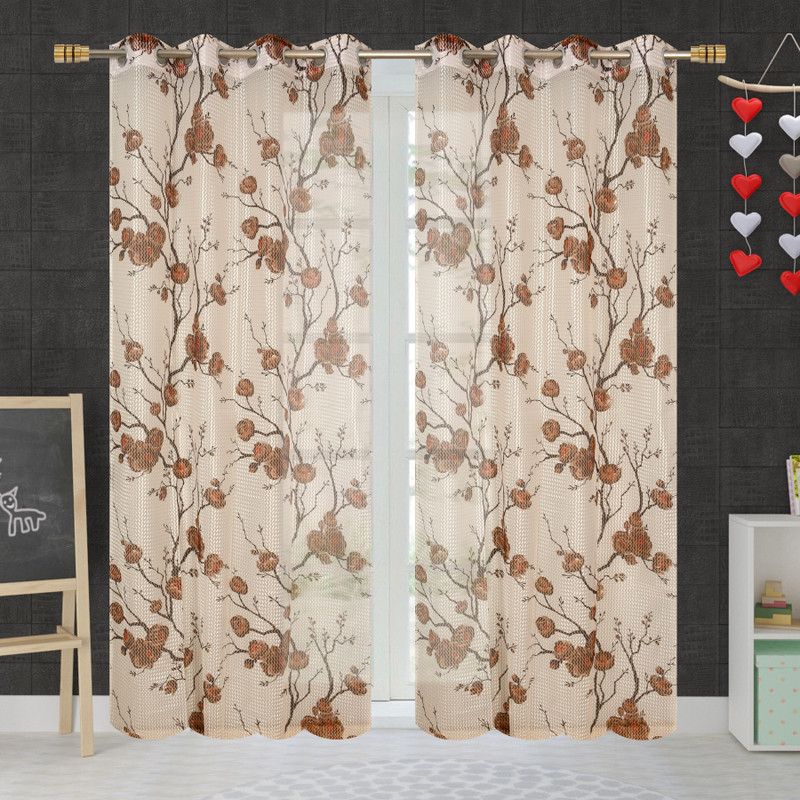 Lucacci 153 cm (5 ft) Tissue Transparent Window Curtain (Pack Of 2)  (Floral, Brown)