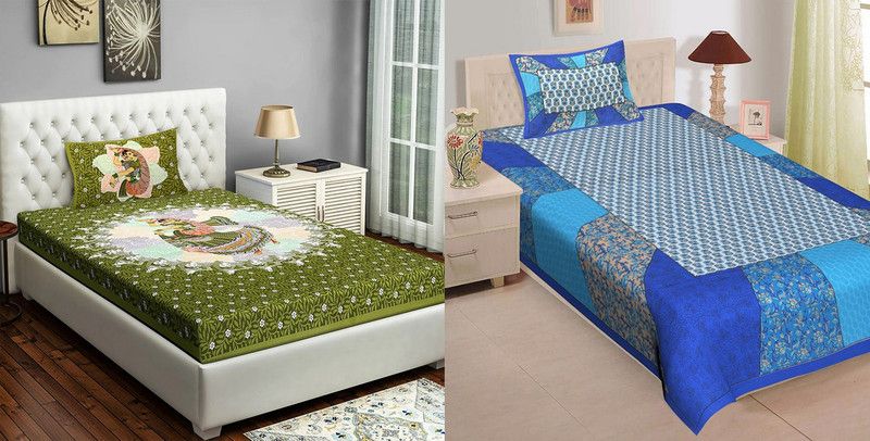 152 TC Cotton Single Jaipuri Prints Bedsheet  (Pack of 2, Green, Blue)