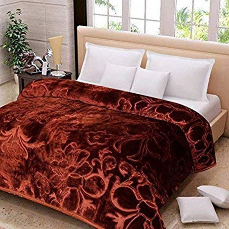 Floral Single Mink Blanket  (Polyester, Brown)