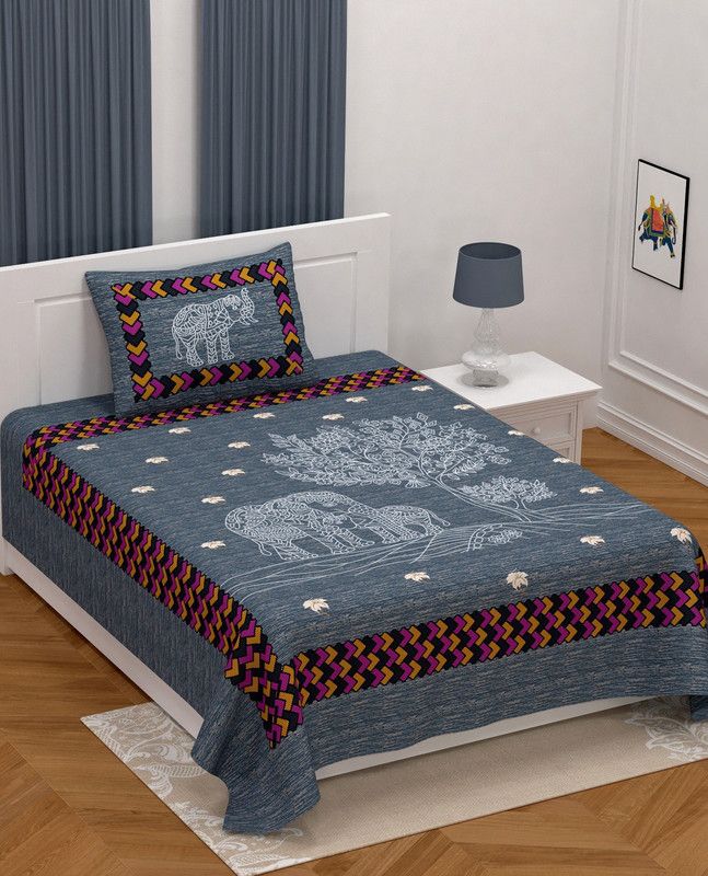 TanviFabrics 140 TC Cotton Single Jaipuri Prints Flat Bedsheet  (Pack of 1, Multicolor)