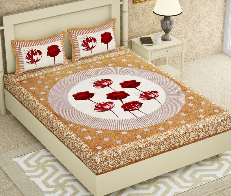 Homeline 104 TC Cotton Double Floral Flat Bedsheet  (Pack of 1, Beige)