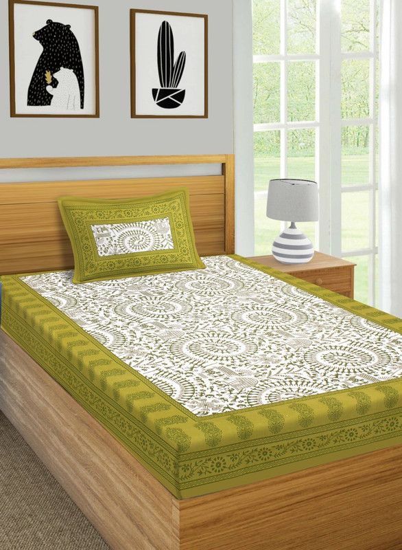 Cotton Single Printed Bedsheet  (Pack of 1, Green)
