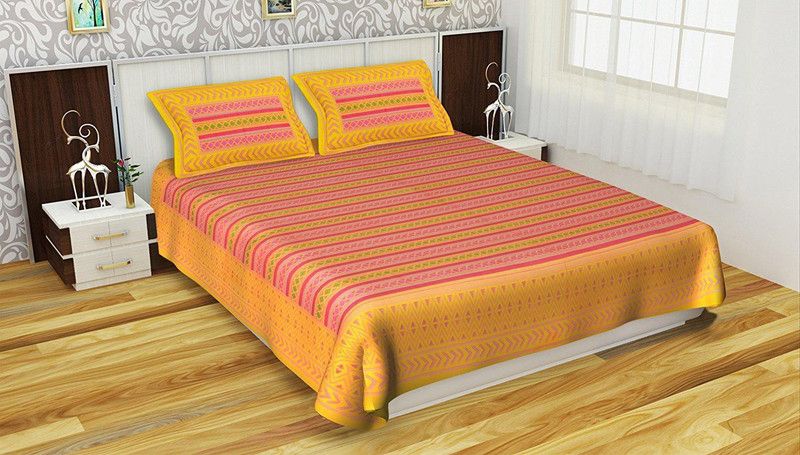 VIJEY TRADER 230 TC Cotton Double Jaipuri Prints Flat Bedsheet  (Pack of 1, Yellow)