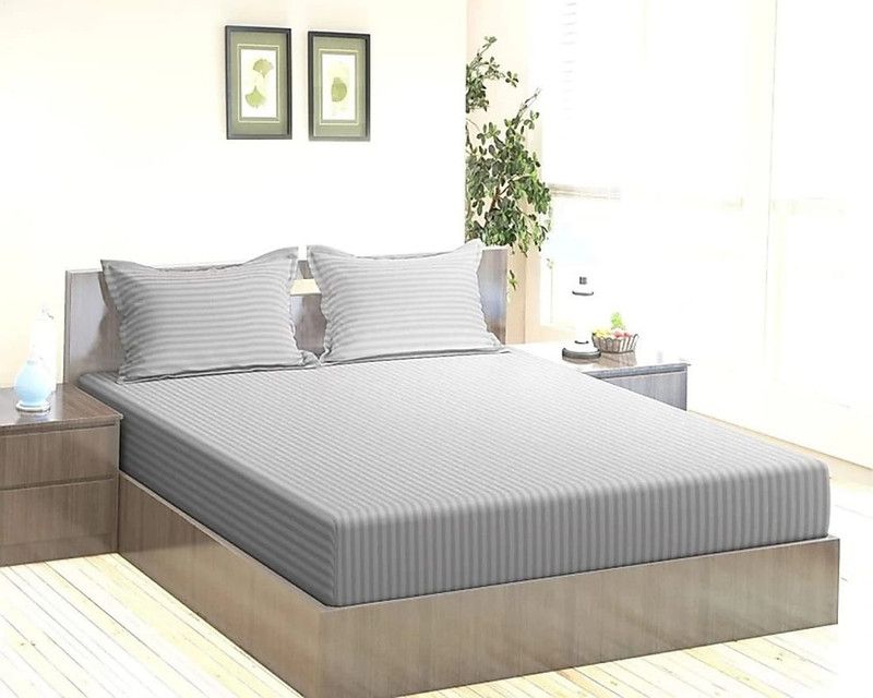 HOMIMPEX 350 TC Satin King Striped Flat Bedsheet  (Pack of 1, Light Grey)